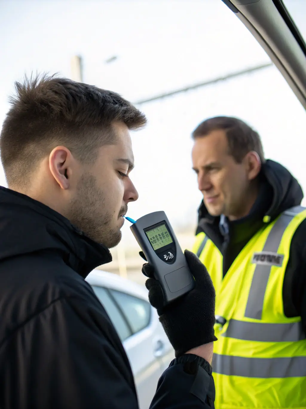 A person using a breathalyzer device, illustrating the process of breath alcohol testing for immediate results.