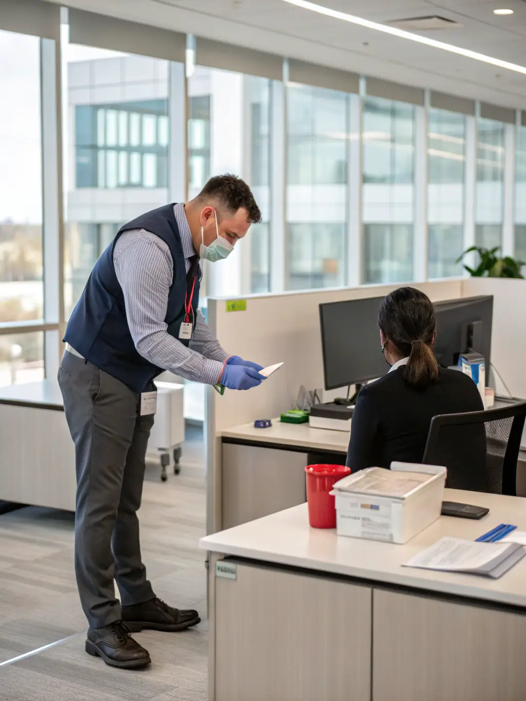 A professional in a lab coat administering a pre-employment drug test, focusing on the precision and reliability of the process.